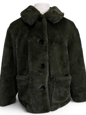 M&S Collection Khaki Green Faux Fur Jacket Coat Size US 14 (UK 18) Button Front